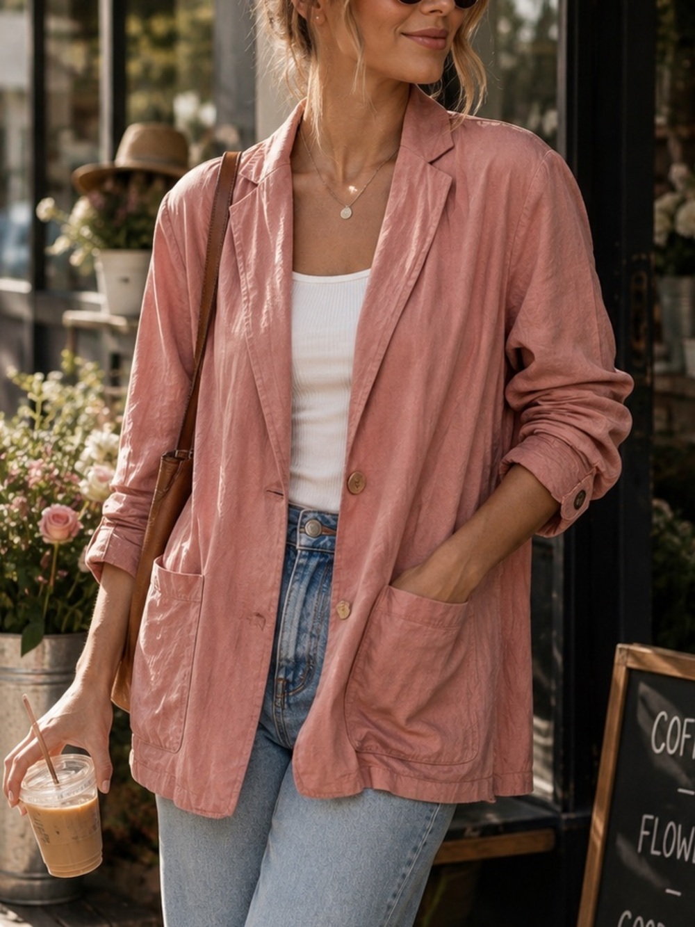 Free People Blazer XS Pink Rose Oversized Slouchy Cotton Boyfriend Jacket